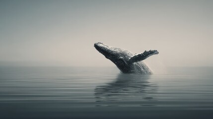 Naklejka premium Majestic Whale Breaching the Calm Waters in Soft Misty Environment