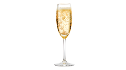 A tall flute glass filled with sparkling champagne or prosecco with many small bubbles rising isolated on transparent background