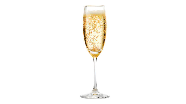 A tall flute glass filled with sparkling champagne or prosecco with many small bubbles rising isolated on transparent background