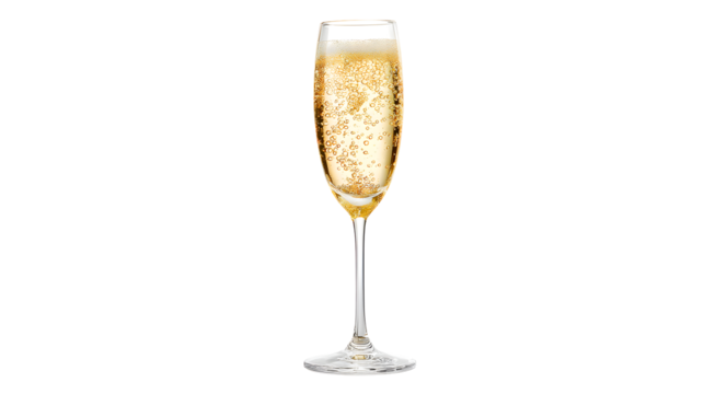 A tall flute glass filled with sparkling champagne or prosecco with many small bubbles rising isolated on transparent background