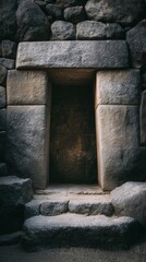 Ancient Stone Doorway in Weathered Mountain Wall Surrounded by Rocks