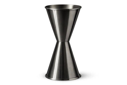 Stainless steel jigger measuring cocktail ingredients on transparent background