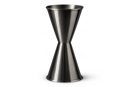 Stainless steel jigger measuring cocktail ingredients on transparent background