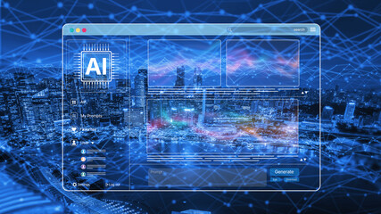 AI platform generating art images with dynamic interface. AI-generated content appears in image gallery artificial intelligence view. Genrative AI loading multiple image from AI design engine. Spline