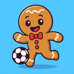 Fototapeta premium Cheerful Gingerbread Man Kicking Soccer Ball with Red Bow Tie and Buttons.