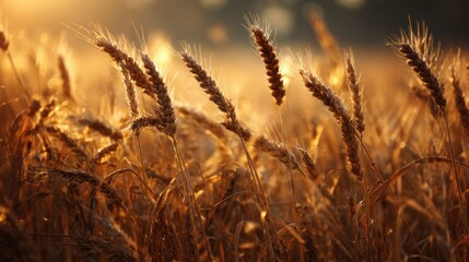 Fototapeta premium Golden Wheat Field at Sunrise with Warm Light and Soft Focus