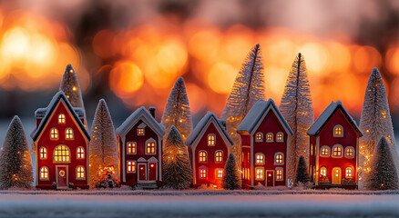 Cozy illuminated village scene with festive red houses and snow dusted trees evokes warm holiday spirit and winter wonderland charm