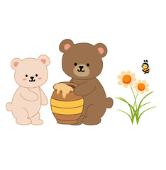 Cute bear couple illustration in minimalist style with soft pastel colors and sunflower elements. Adorable and warm design that conveys love, friendship, and happiness. 