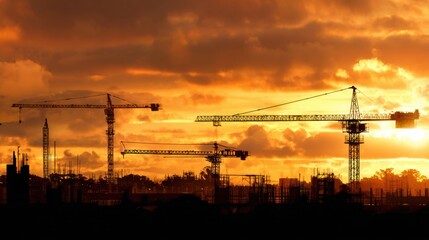 Construction Cranes Silhouetted Against a Vibrant Sunset Over an Urban Skyline in Late Evening