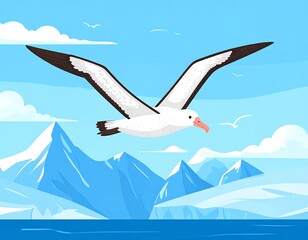 Fototapeta premium Cartoon depiction of a flying seabird over mountains, blue water, sky