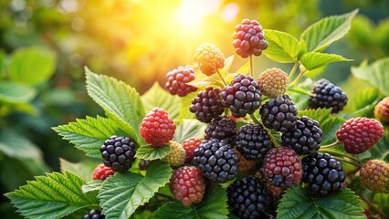 Sunlit Blackberry Bush Abundantly Bearing Ripe, Juicy Berries of Varying Colors and Stages of Ripeness
