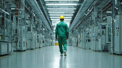 Obraz premium Industrial Worker Walking Through High-Tech Manufacturing Facility