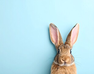 Obraz premium Close-up of a brown and tan bunny against a light blue background