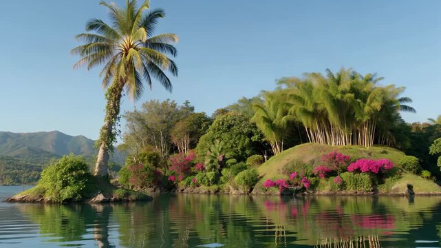 arafed palm tree on a small island with a lake in the foreground