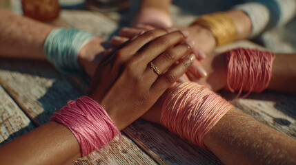 Several hands hold each other on a wooden surface, adorned with colorful threads, symbolizing unity and diversity.