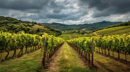 Naklejka premium Serene Vineyard Landscape Under Cloudy Sky in Rolling Hills