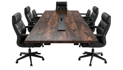 A boardroom with a large wooden table, surrounded by black leather chairs against a black backdrop