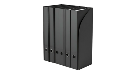 A stack of five dark gray file folders. Each folder has a circular hole