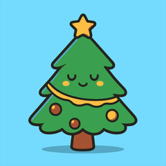 Cartoon Christmas Tree with Smiling Face Star Topper and Ornament Decorations.