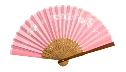 A delicate, pink paper fan with cherry blossom designs, on a black backdrop