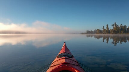 Calm Morning Kayak Ride on Serene Lake with Misty Background