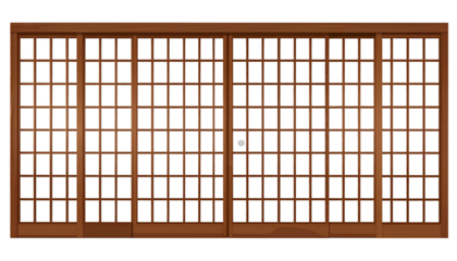 A rectangular paneled wooden sliding door, composed of many white-filled squares, on a black ground