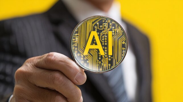 Professional Holding a Circular Object With a Yellow A and Circuit Design Against a Bright Yellow Background in a Business Setting