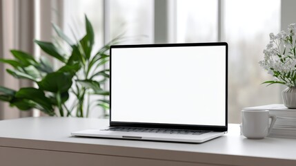 Fototapeta premium Modern Workspace with Laptop, Green Plants, and Minimalist Design
