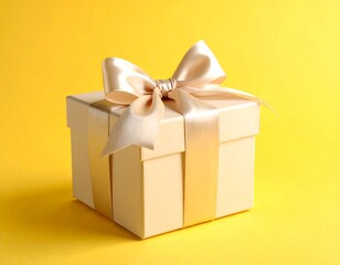 Obraz premium Close-up of a square box tied with elegant, satin ribbon on bright yellow