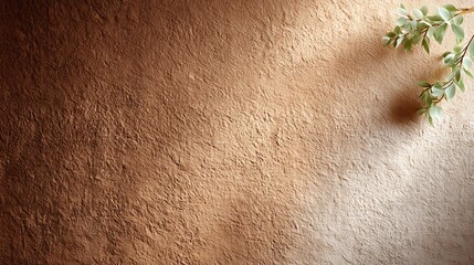 Fototapeta premium Textured Brown Wall with Soft Lighting and Green Leaf Accent, Ideal for Backgrounds, Home Decor, or Natural Aesthetics in Still Life Photography