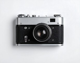 Classic, vintage, silver and black camera centered on a stark white background