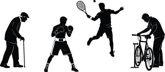 Silhouette of diverse human activities including elderly walking, boxing stance, tennis swing, and bicycle repair on white background for lifestyle concepts