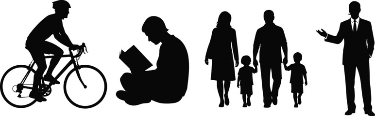 Silhouette of diverse human activities including cycling, reading, family walking, and business presentation isolated on white background for lifestyle concepts