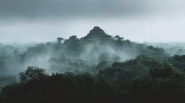 Ancient Temple Ruins Amidst Lush Jungle and Mysterious Fog - Powered by Adobe
