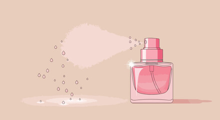 Elegant pink perfume bottle spraying fragrance on a soft pastel background design