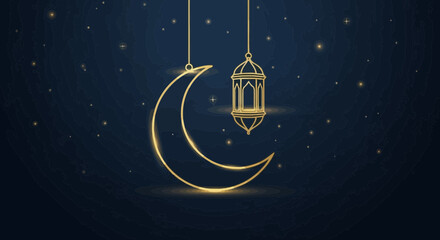 Elegant Ramadan greeting card design with golden crescent moon and lantern on blue background