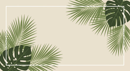 Elegant tropical frame featuring palm leaves and monstera against a beige background