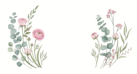 Elegant watercolor floral frame with pink roses and eucalyptus for wedding invitations and