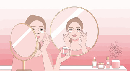 Elegant woman applying under-eye patches in front of a mirror for skincare routine