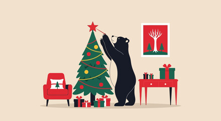 Festive bear decorates christmas tree with star ornament in cozy holiday interior
