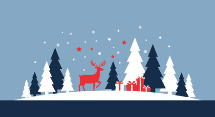 Festive Christmas and New Year Scene with Reindeer, Trees, Gifts and Snowflakes in Winter Landscape