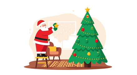 Festive santa decorating christmas tree with star in cozy indoor setting scene