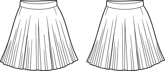 Pleated skirt fashion sketch, garment design illustration, waistband detail, vertical pleats drawing, flared silhouette, technical apparel art, sewing concept