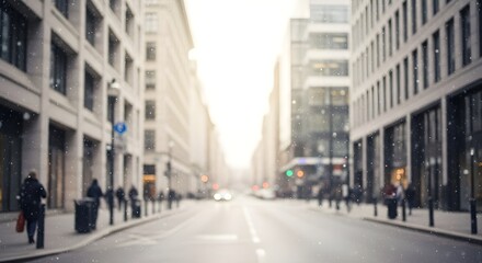 Fototapeta premium City street with tall buildings on both sides and people walking.