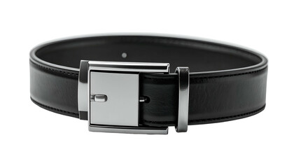 A formal black leather belt with a square, silver-colored buckle, centered on a black background