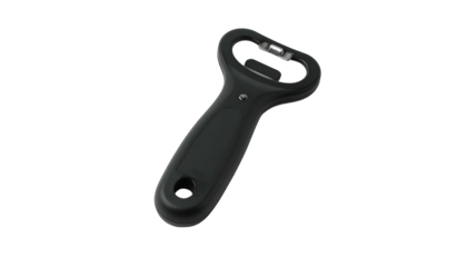 Isolated shot of a matte black bottle opener with a smooth, ergonomic handle