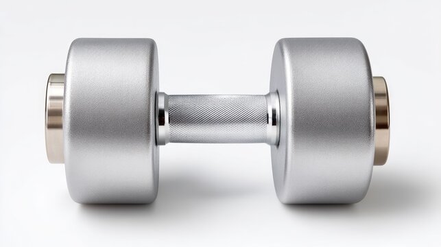 Silver Dumbbell With Textured Handle And Gold End Caps On A White Background Isolated Studio Lighting