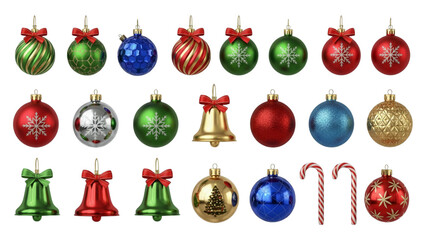 Christmas Colorful Ornaments Collection Bells, and Candy Canes on png background