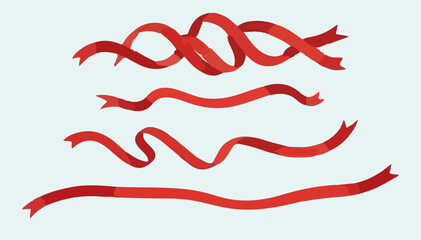 Red ribbons set. five flowing strips in varying waves and curls, clean flat vector on light background; isolated decoration assets for banners, gift wrapping, dividers, and promo layouts.