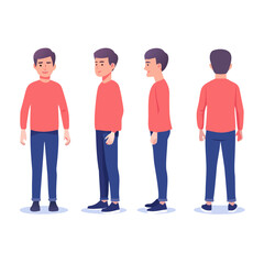 Flat young man in different positions 2D illustration vector. happy boy in standing pose. front, back, 3/4 view animated character, quarter view